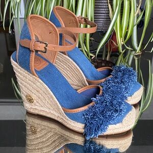 Tory Burch Shaw Denim Espadrille Wedge Sandals, Womens 7